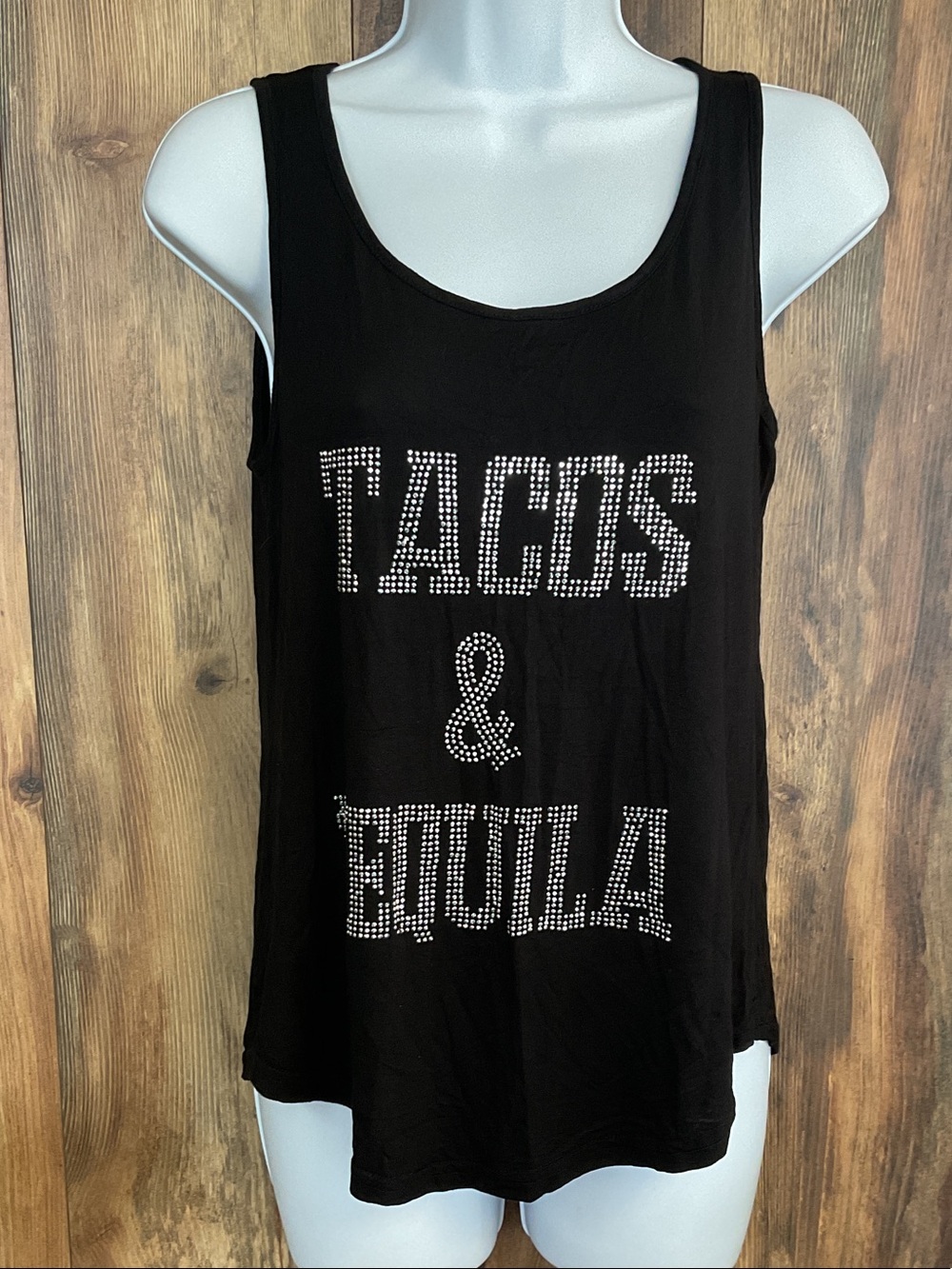 Black 'Tacos & Tequila' Rhinestone Tank Top L/XL 408B